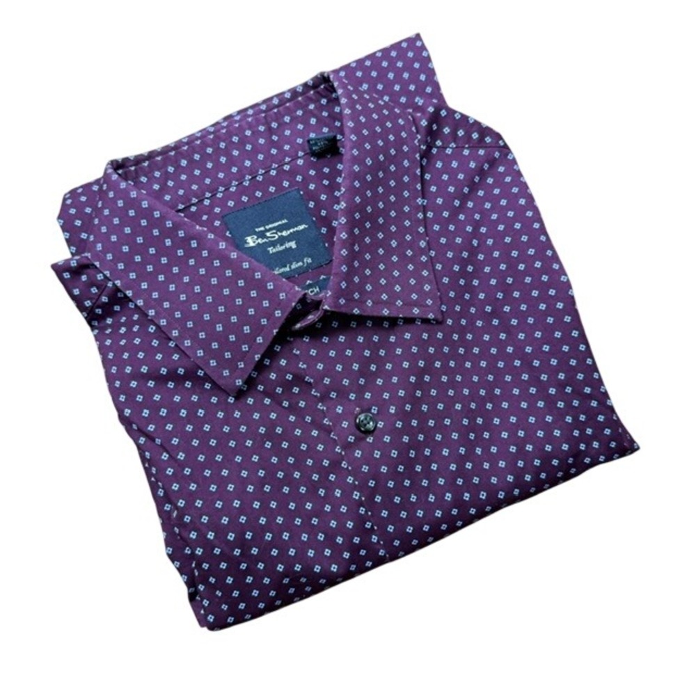 Ben Sherman Tailored Slim Fit Dress Shirt Long Sleeve Geometric Purple Large